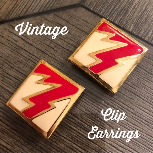 Vintage Lightening Zig Zag Red & Ivory Clip Earrings - Picture 1 of 12